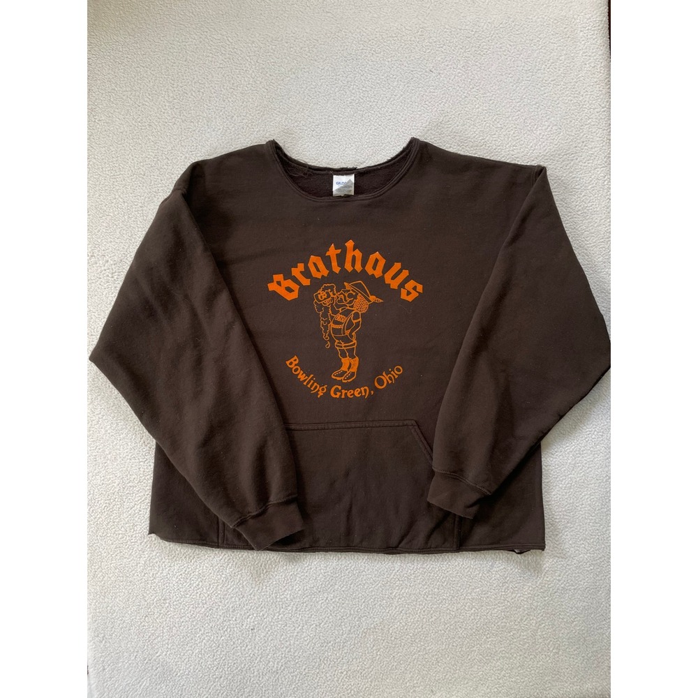 Gildan Mens Large Sweatshirt Brown Brathaus Bowling Green Ohio Cut Raw Hem